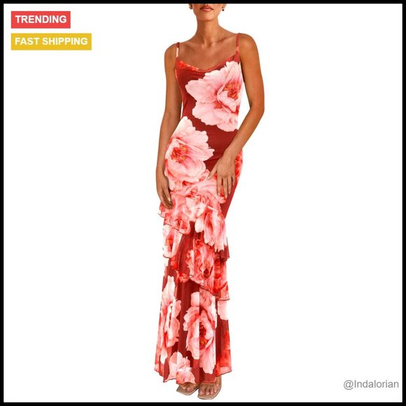 Dresses & Skirts - Tiered Floral Maxi Dress Spaghetti Strap Beach Wedding Guest Long Sundress